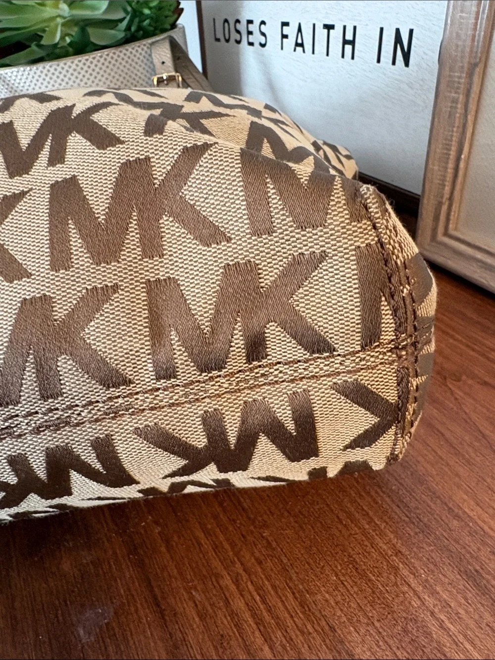 MICHAEL KORS Jacquard Monogram Jet Set MK Tote with Gold Charm Brown - Picture 8 of 14
